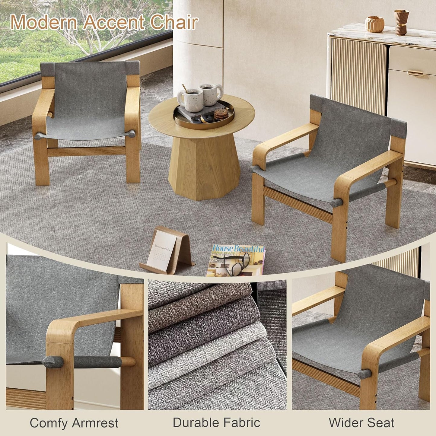 Ball & Cast Living Room Chairs,Mid-Century Lounge with Comfortable Linen Fabric Armchair & Rubber Wood Frame,Accent Chair Wide Armrest,Detachable and Washable Seating Furniture for Reading,Dark Grey