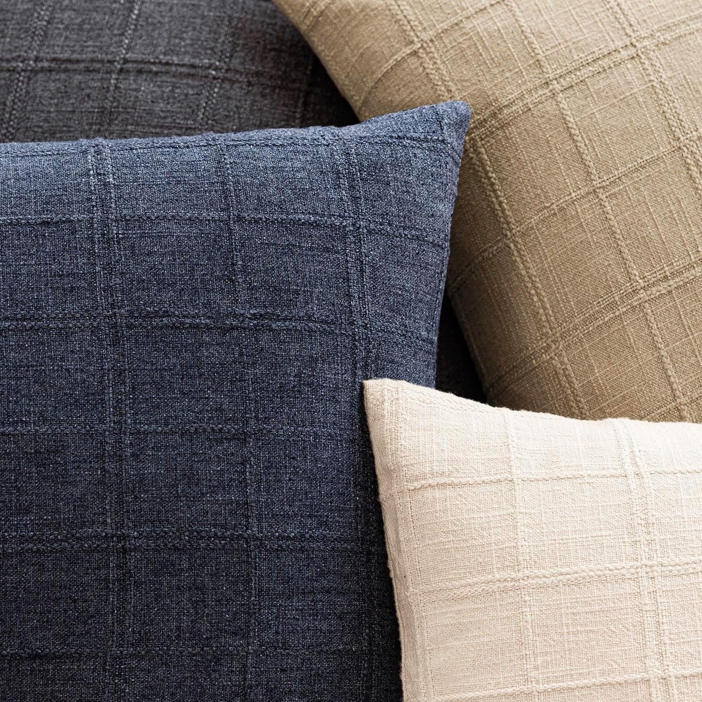 Foindtower Set of 2 Decorative Linen Check Throw Pillow Covers Neutral Farmhouse Vintage Cushion Covers Modern Boho Home Decor for Sofa Chair Couch Bedroom Living Room Outdoor,26×26 Inch,Navy Blue