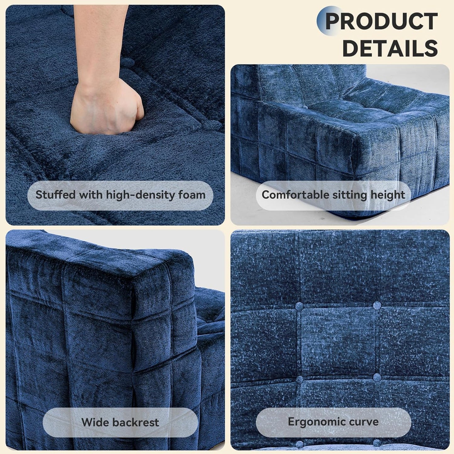 Bean Bag Chair, Soft Chenille Pre-Filled Lazy Chair Floor Sofa Bean Bag Chair for Adults and Teens, Accent Chair for Living Room Bedroom Apartment (Dark Blue)