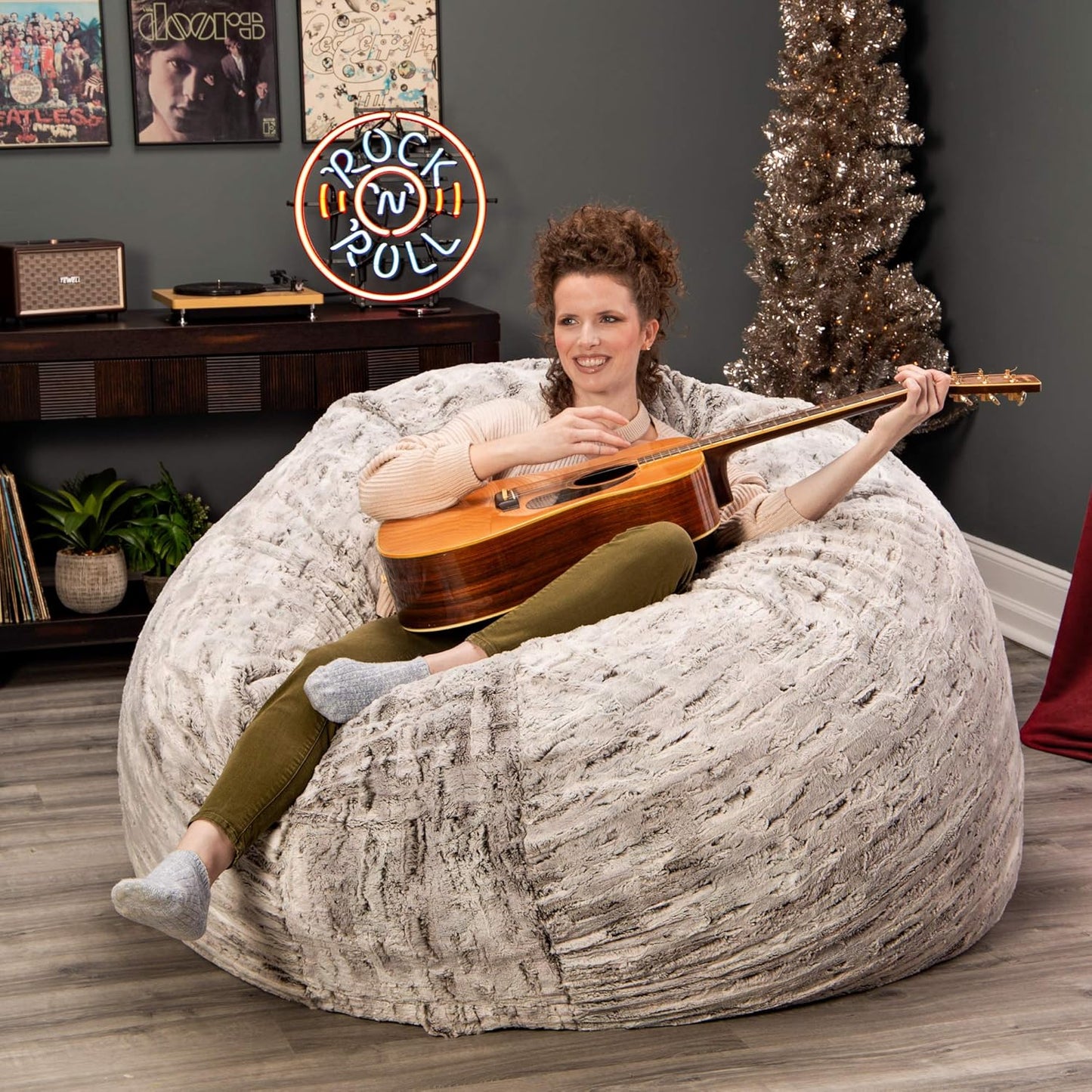 Jaxx 6 Foot Cocoon - 2-in-1 Convertible Bean Bag Bed & Large Bean Bag Chair for Adults, Premium Luxe Faux Fur - Silver Fox
