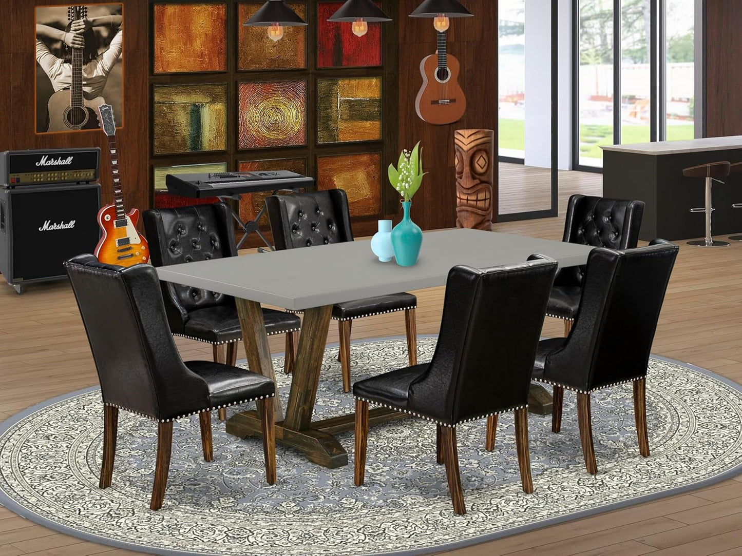 East West Furniture V797FO749-7 7 Piece Dining Room Table Set Consist of a Rectangle Kitchen Table with V-Legs and 6 Black Faux Leather Parson Dining Chairs, 40x72 Inch, Multi-Color