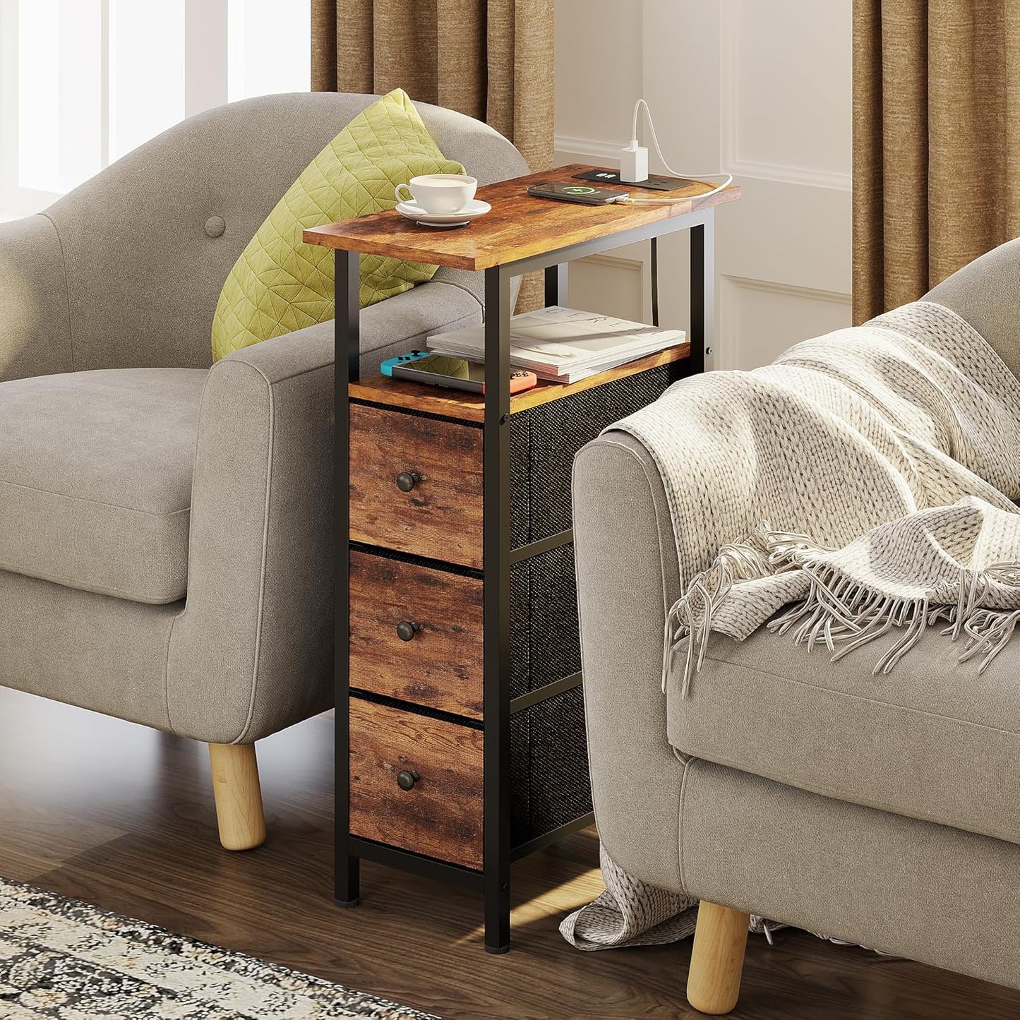 End Table with Charging Station, Narrow Side Table with 3 Fabric Drawers, Skinny Nightstand with LED Light, Slim Bedside Table for Bedroom, Living Room, Small Spaces, Rustic Brown