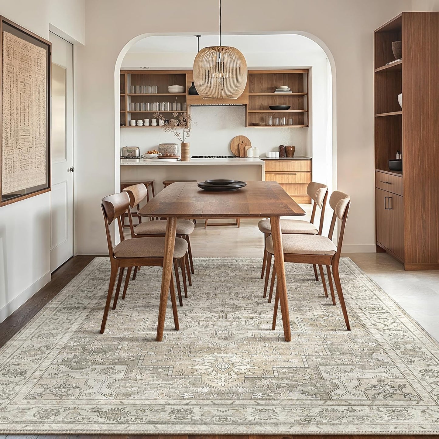 GENIMO 9x12 Area Rugs for Living Room, Non Slip Machine Washable Vintage Rugs, Low Pile Lightweight Chenille Print Large Rug for Bedroom, Dining Room, Home Office, Trench