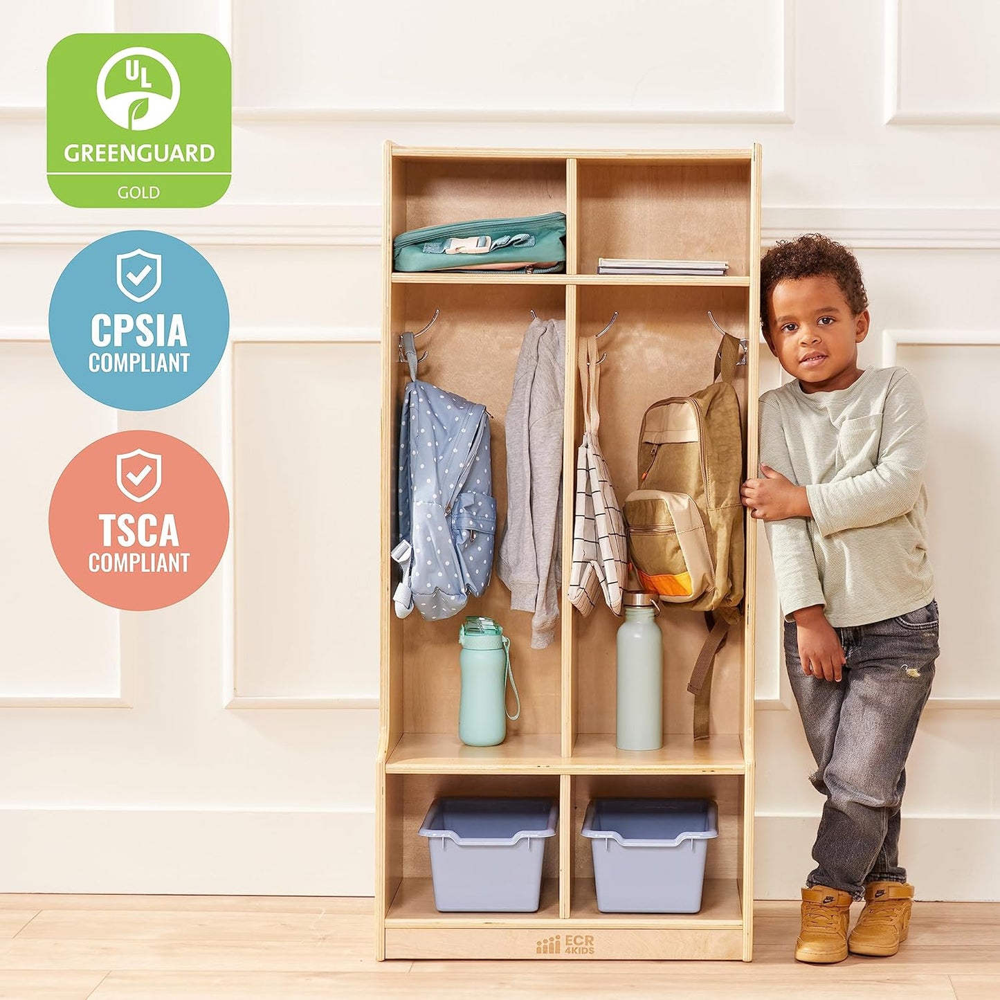 ECR4Kids 2-Section Coat Locker with Bench, Classroom Furniture, Natural