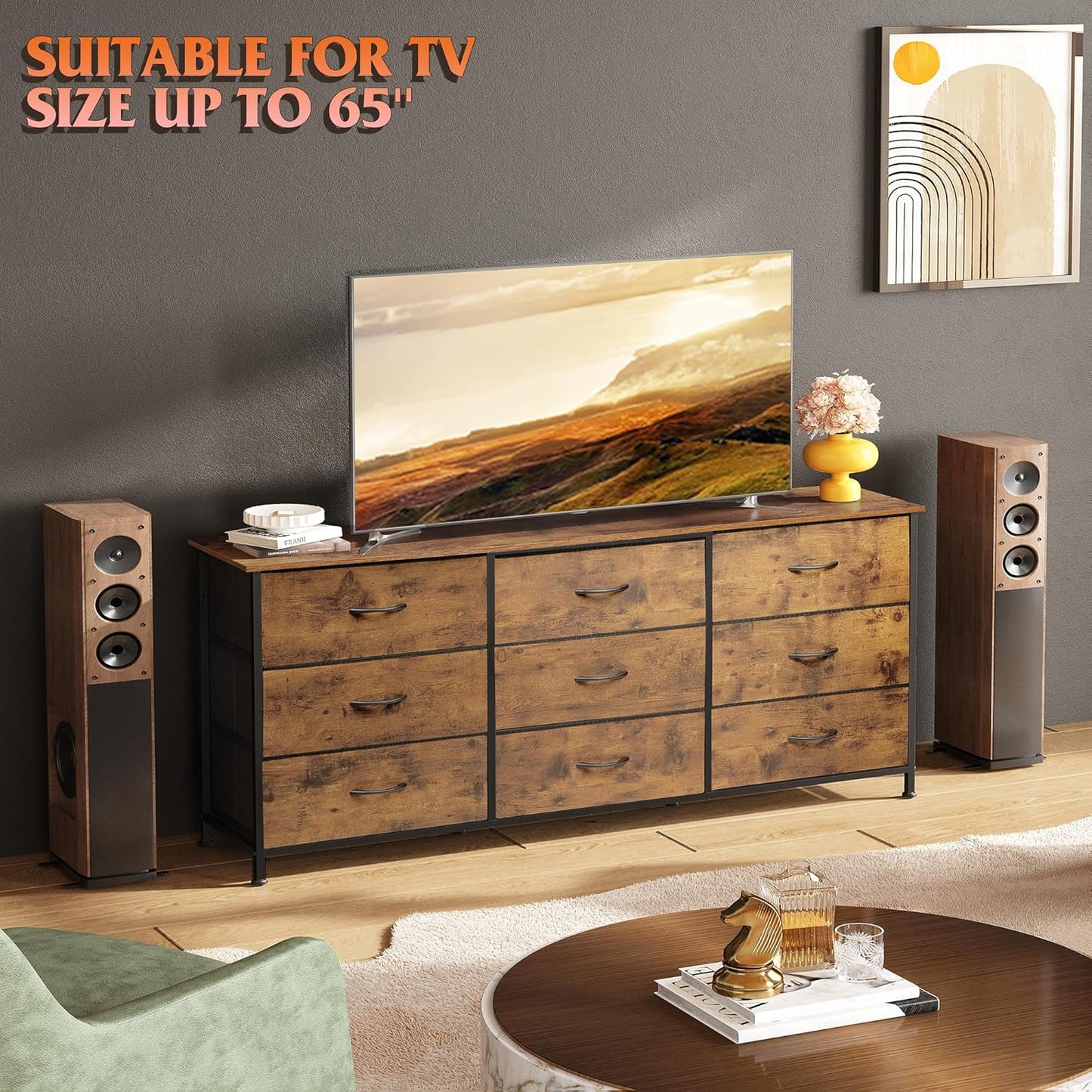 WLIVE 54''W Dresser for Bedroom, Dresser TV Stand for 55, 60, 65 inch TV, Wide Chest of Drawers with 9 Drawer, Large Entertainment Center, Fabric Dressers with Wood Top for Living Room, Rustic Brown