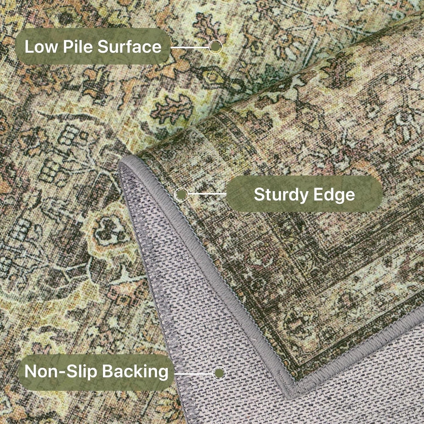 9X12 Area Rugs Machine Washable Rugs for Living Room, Vintage Boho Large Rugs for Bedroom Dining Room, Non Slip Indoor Soft Distressed Lightweight Thin Low Pile Carpet, Muted Sage