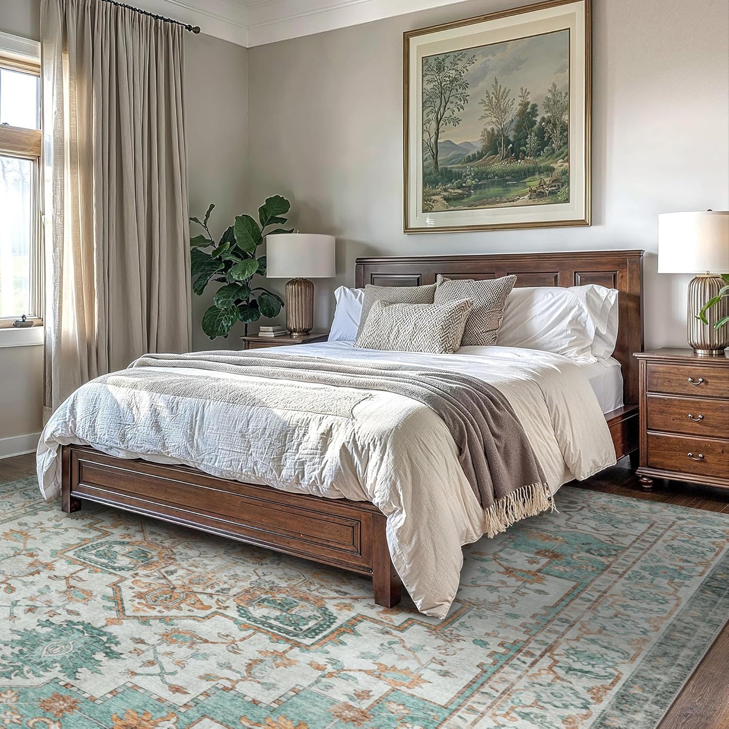 GENIMO 8x10 Area Rugs for Living Room, Machine Washable Non Slip Vintage Rugs, Low Pile Lightweight Chenille Print Rug for Bedroom, Dining Room, Home Office, Cyan