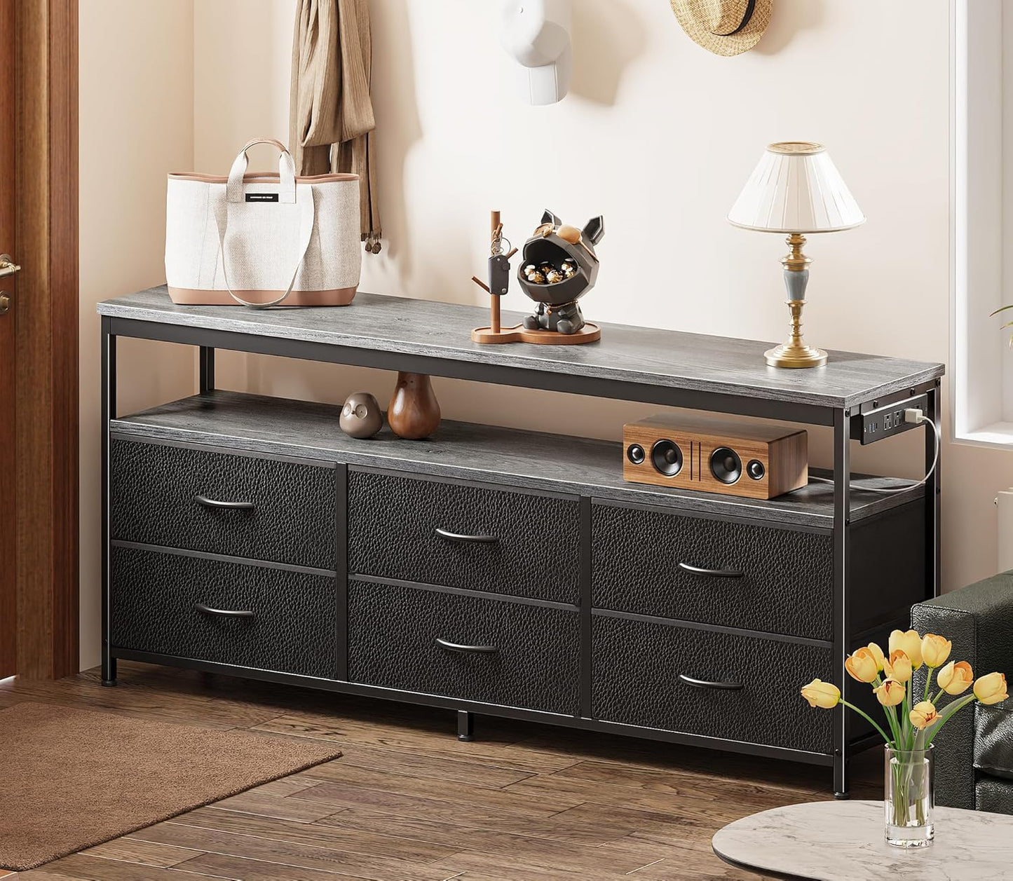 Huuger LED TV Stand for Bedroom, 55 Inch Fabric Dresser with Power Outlets, Entertainment Center for 60, 55, 50 Inch TV, 6 Drawer Dresser for Bedroom, Chest of Drawers with Shlef, PU Leather, Grey