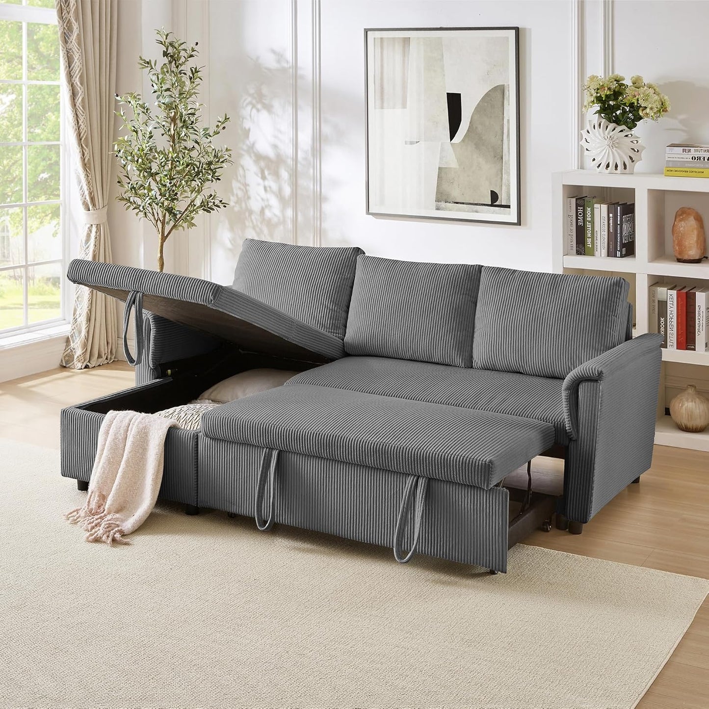 Ball & Cast Reversible Sectional Sofa Couch,L-Shape Sleeper Sofa Bed with Storage Chaise Pull Out Couch for Living Room | Hidden Storage | Pull Out Bed | Removable Backrest | Corduroy Fabric,Gray