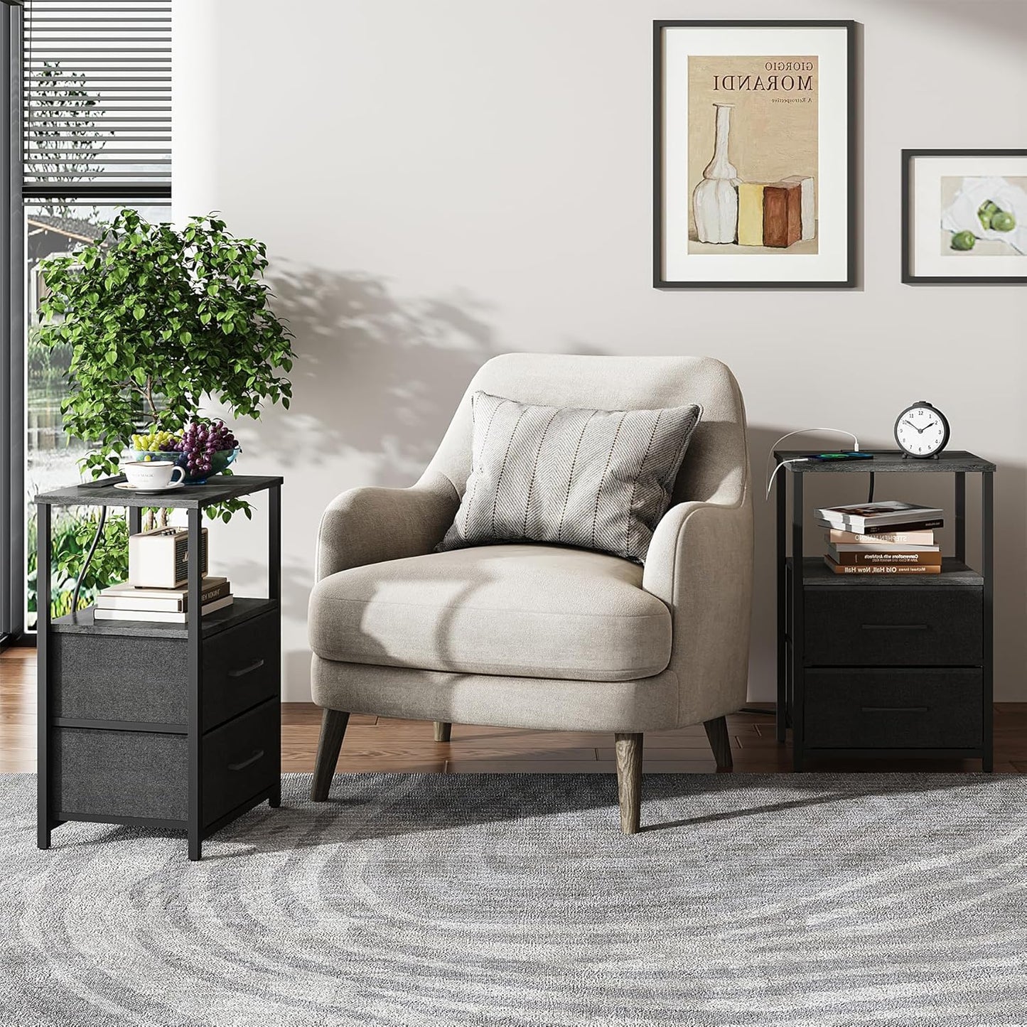 TUTOTAK End Table with Charging Station, Night Stand, Side Table with 2 USB Ports and Outlets, Nightstand with Cloth Drawer, Bedside Table for Livingroom, Bedroom Charcoal Grey TB01BY088