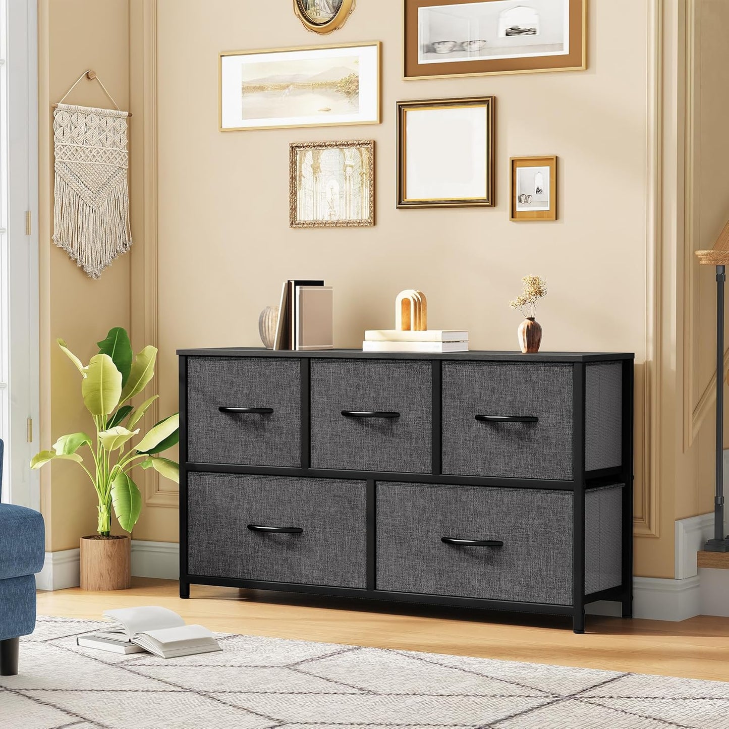 DWVO Dresser with 5 Drawers - Fabric Storage Tower, Black Dresser & Chest of Drawers, Organizer Unit for Bedroom