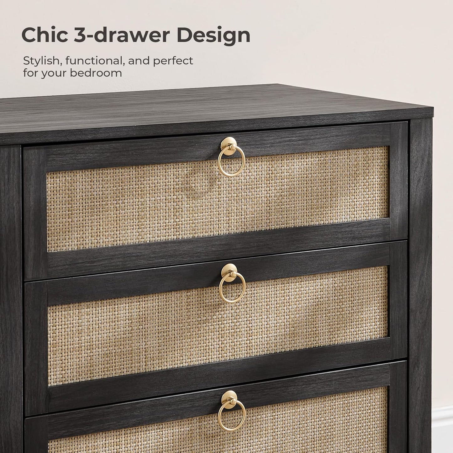 SICOTAS Night Stand with Drawers, Large Rattan Bedside Table with Golden Handle, 3 Drawers Nightstand Tall End Table Side Table Boho Nightstand for Bedroom