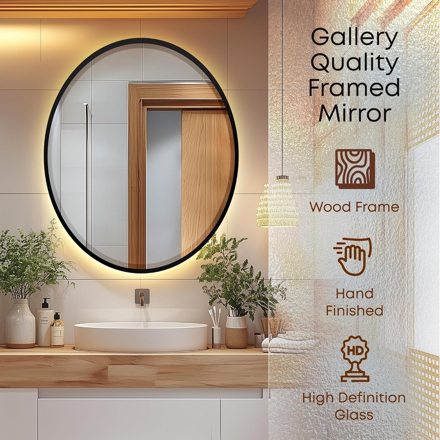 OVALCREST - Oval Wooden Beveled Wall Mirror for Home Decor, Bathroom, Vanity, Bedroom, Living Room, Hallway - London Style (Matte Black) 21.1 x 25.1