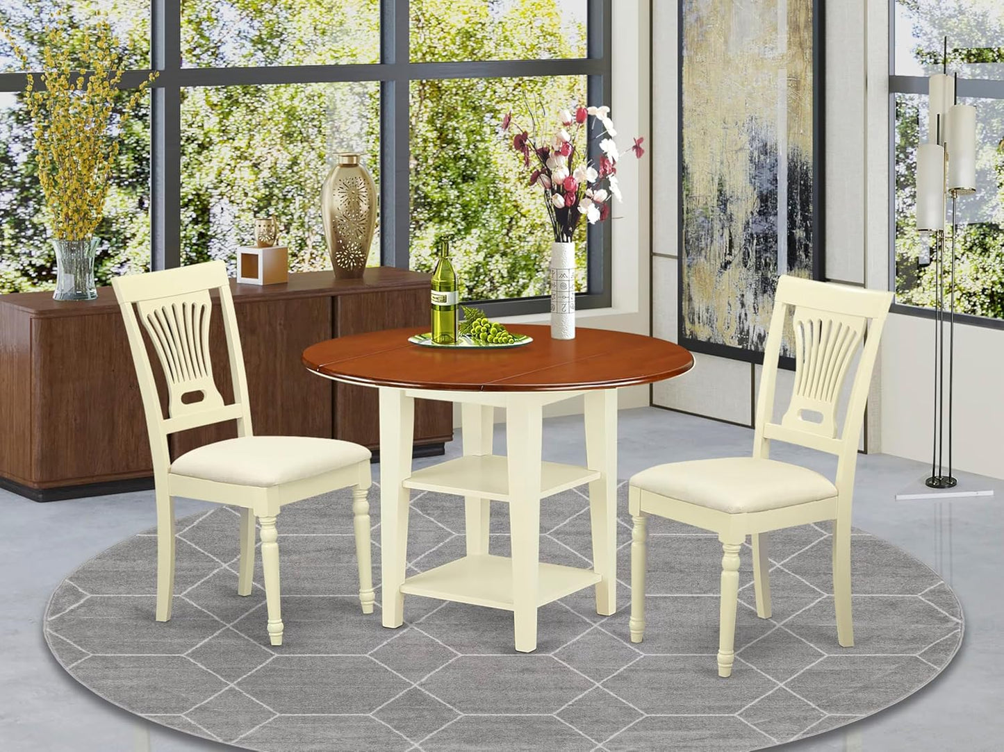 East West Furniture SUPL3-BMK-C 3 Piece Dining Table Set Contains a Round Dining Room Table with Dropleaf & Shelves and 2 Linen Fabric Upholstered Chairs, 42x42 Inch, Buttermilk & Cherry