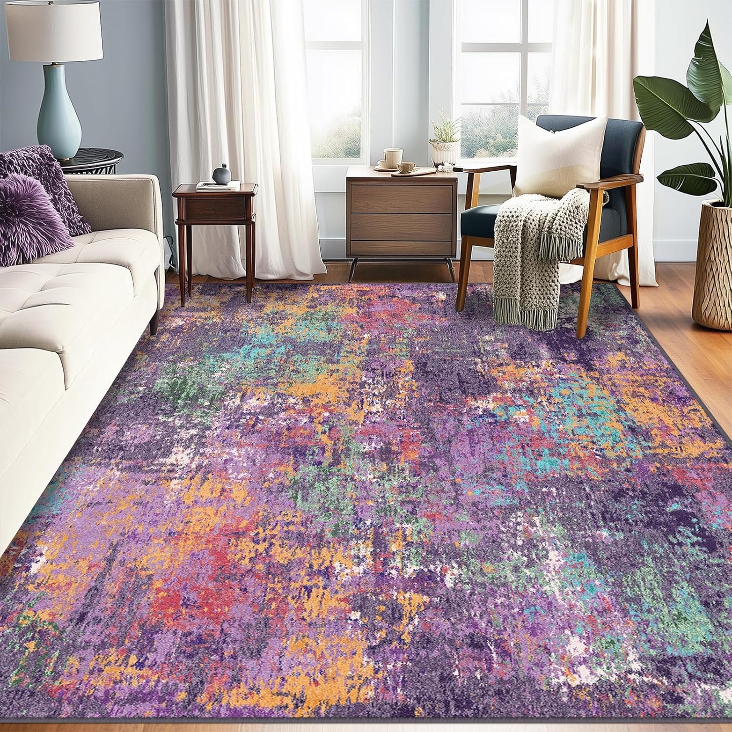 Washable Area Rugs 5'x7' Non-Slip Modern Abstract Soft for Living Room Entryway Bedroom Nursery, Print Pattern, Purple Orange Blue Green Rust Red Colorful