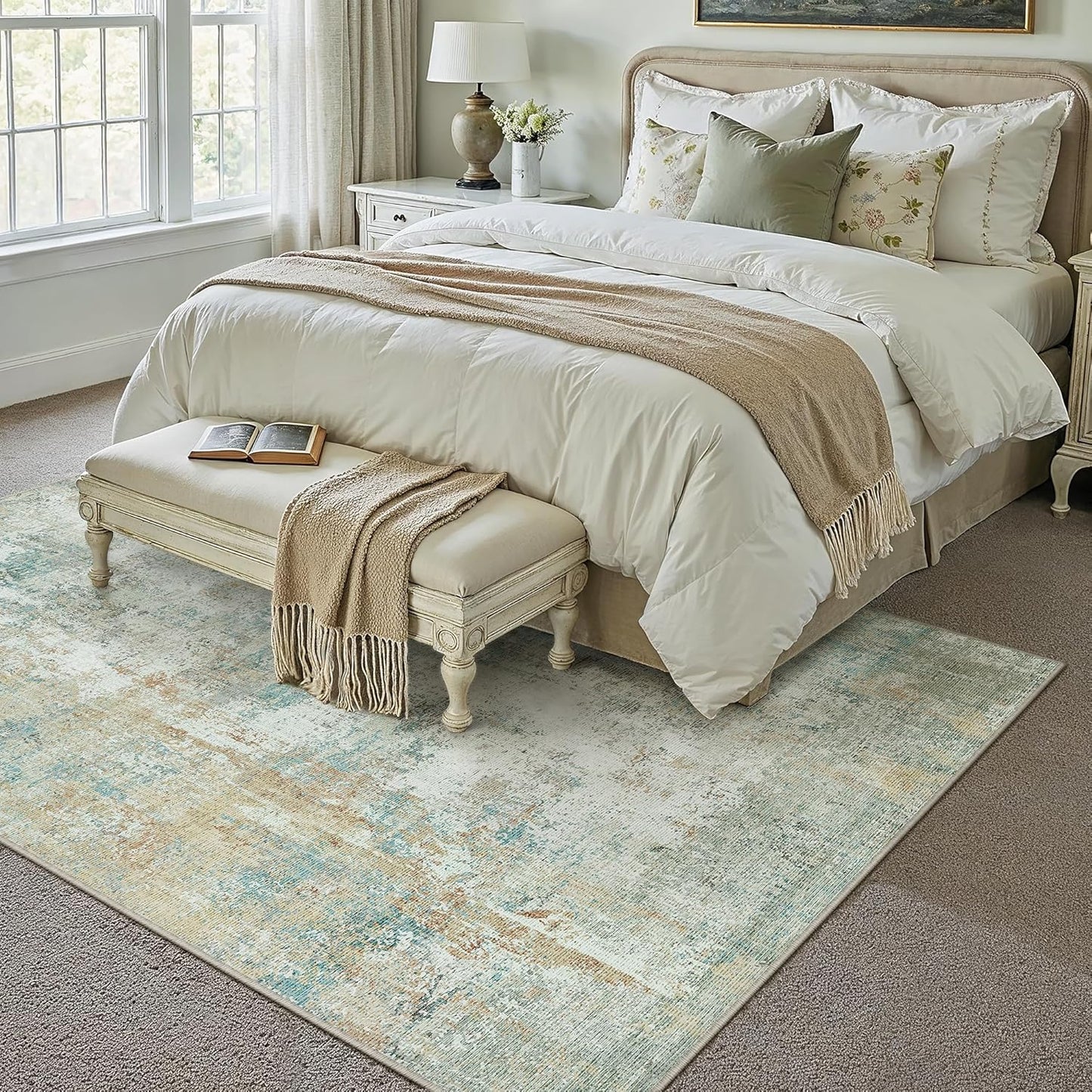 5x7 Washable Area Rug Teal Beige Modern Neutral Abstract Living Room Bedroom Indoor Floor Carpet Low Pile Soft Non-Slip Lightweight Vacuumable Throw Rug for Kitchen Nursery Dining Room