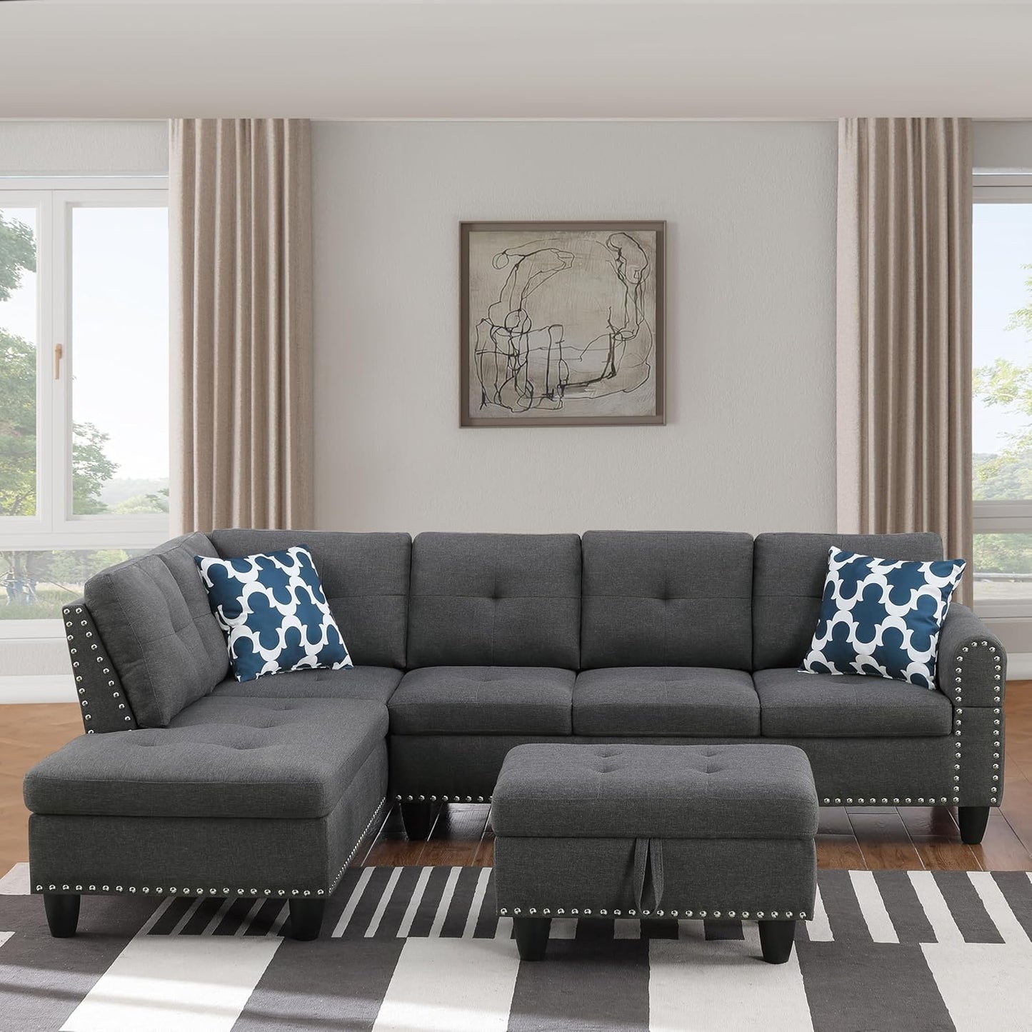 Ball & Cast 98" L Shaped Modular Sectional Couch for Living Room with Chaise & Storage Ottoman,4 Seat Linen Upholstered Sectional Sofa Set 3 PCS W/Cup Holders & Coffee Table,for Home,Office,Dark Gray