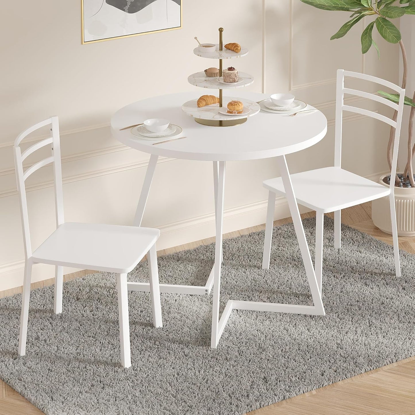 VECELO Small Round Dining Table Set for 2, Wood Tabletop with Strong Metal Frame, Modern Dinette with Chairs for Kitchen, Breakfast Nook Living Room, Pure White