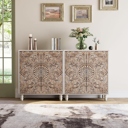COSIEST Set of 2 32" Buffet Sideboard Cabinets with Storage, Accent Cabinet with Push-to-Open Doors, Vintage Lotus Carved Pinewood Doors, Entryway Console for Living Room, Kitchen, Hallway, Gray