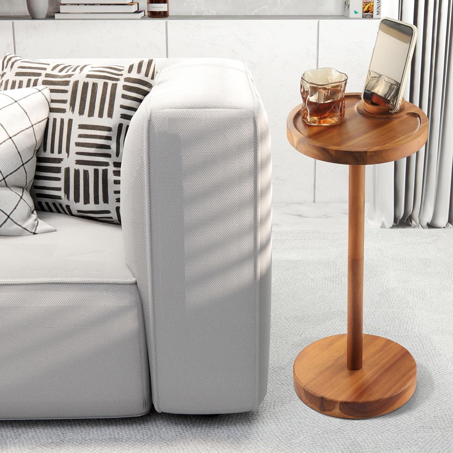 Pedestal Side Table, Acacia Drink Table with Weighted Base, Small Round Side Table for Small Spaces with 360 Rotating Phone Holder, Martini & Cocktail Pedestal End Table for Living Room, Home Office