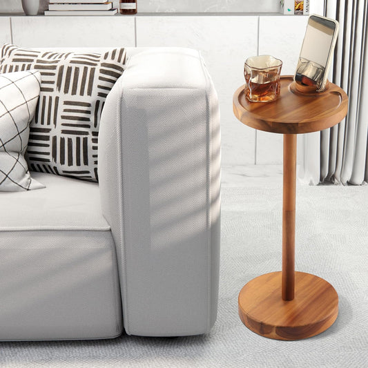 Pedestal Side Table, Acacia Drink Table with Weighted Base, Small Round Side Table for Small Spaces with 360 Rotating Phone Holder, Martini & Cocktail Pedestal End Table for Living Room, Home Office
