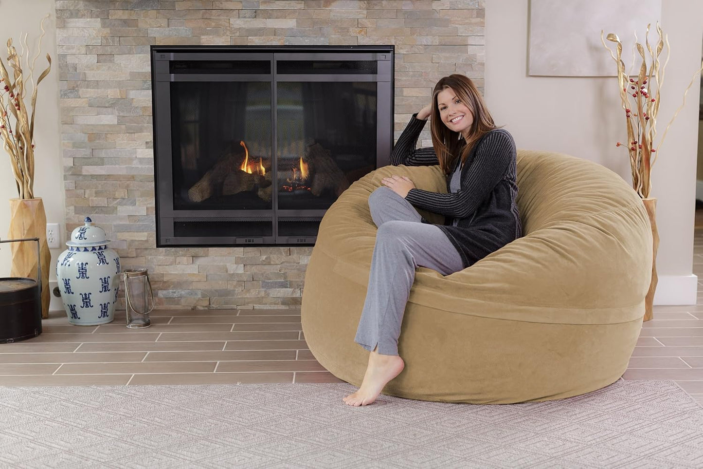 Chill Sack Bean Bag Chair - 5' Giant Memory Foam Lounge Chair with Soft Microfiber Cover – Cozy Furniture for Living Room, Dorm, & Kids' Rooms – Comfortable 5 Ft, Pebble Lounge Sofa, Tan