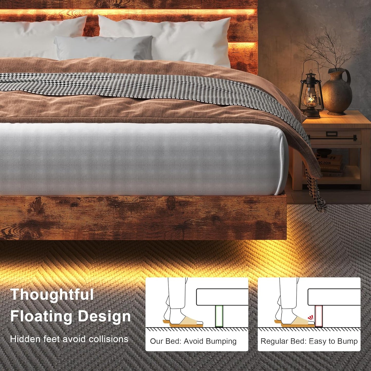 Feonase Floating Bed Frame Full with Led Lights and Charging Station, Wood Full Size Bed Frame with Storage Headboard, Heavy Duty Metal Slats, No Box Spring Needed, Easy Assembly, Vintage Brown