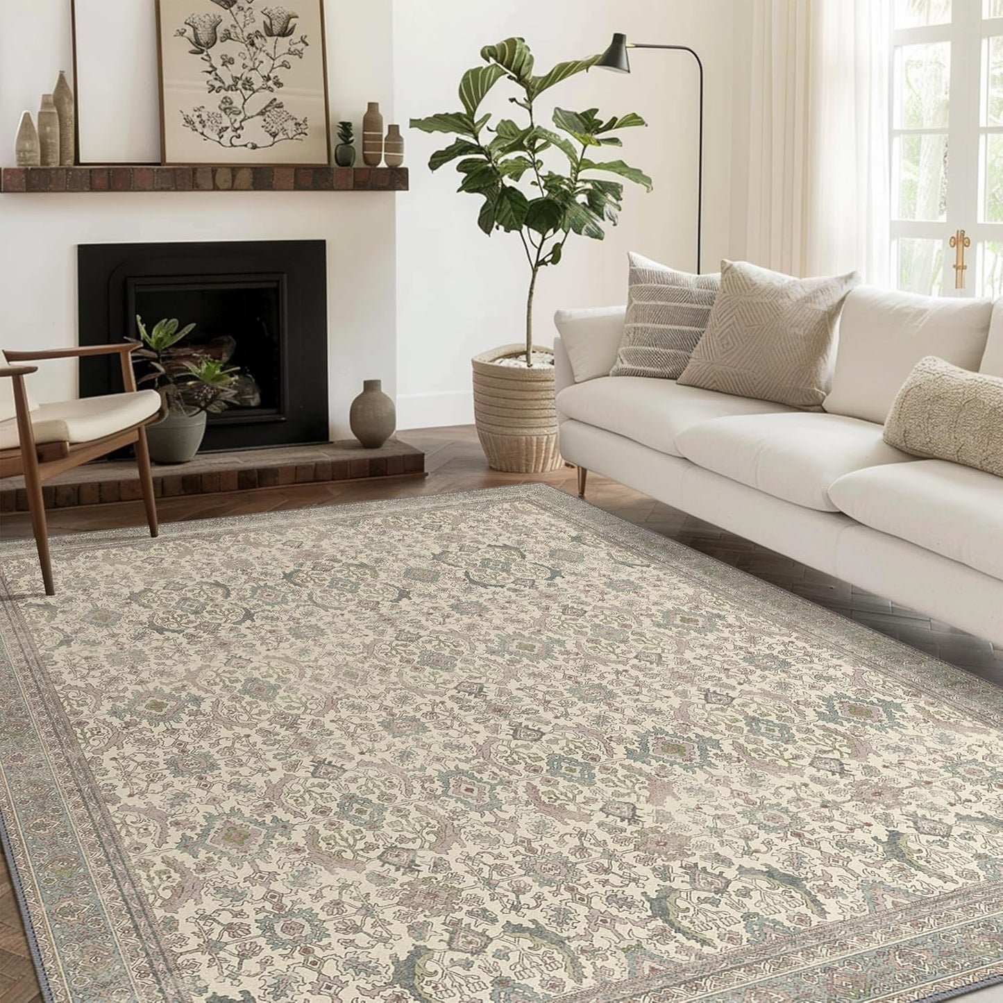 8X10 Area Rugs Machine Washable Rugs for Living Room, Vintage Boho Large Rugs for Bedroom Dining Room, Non Slip Indoor Soft Distressed Lightweight Thin Low Pile Carpet, Cream