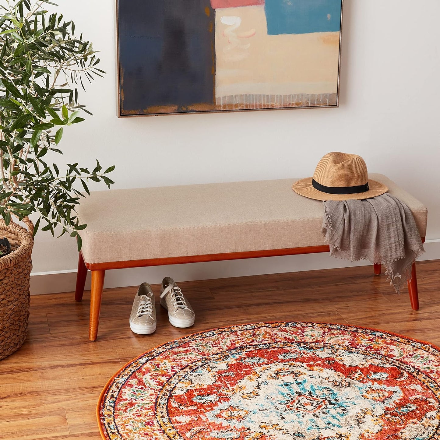 SAFAVIEH Monaco Collection Area Rug - 4' Round, Orange & Light Blue, Boho Chic Medallion Distressed Design, Non-Shedding & Easy Care, Ideal for High Traffic Areas in Living Room, Bedroom (MNC243H)