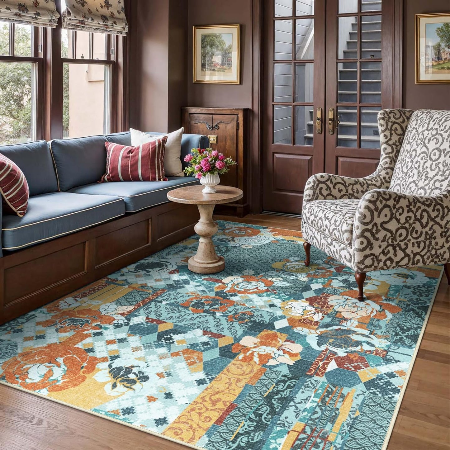 GENIMO 5X7 Floral Area Rugs for Living Room, Machine Washable Non Slip Vintage Patchwork Washable Rug, Ultra-Thin Low Pile Chenille Rugs for Bedroom, Dining Room, Navy Blue