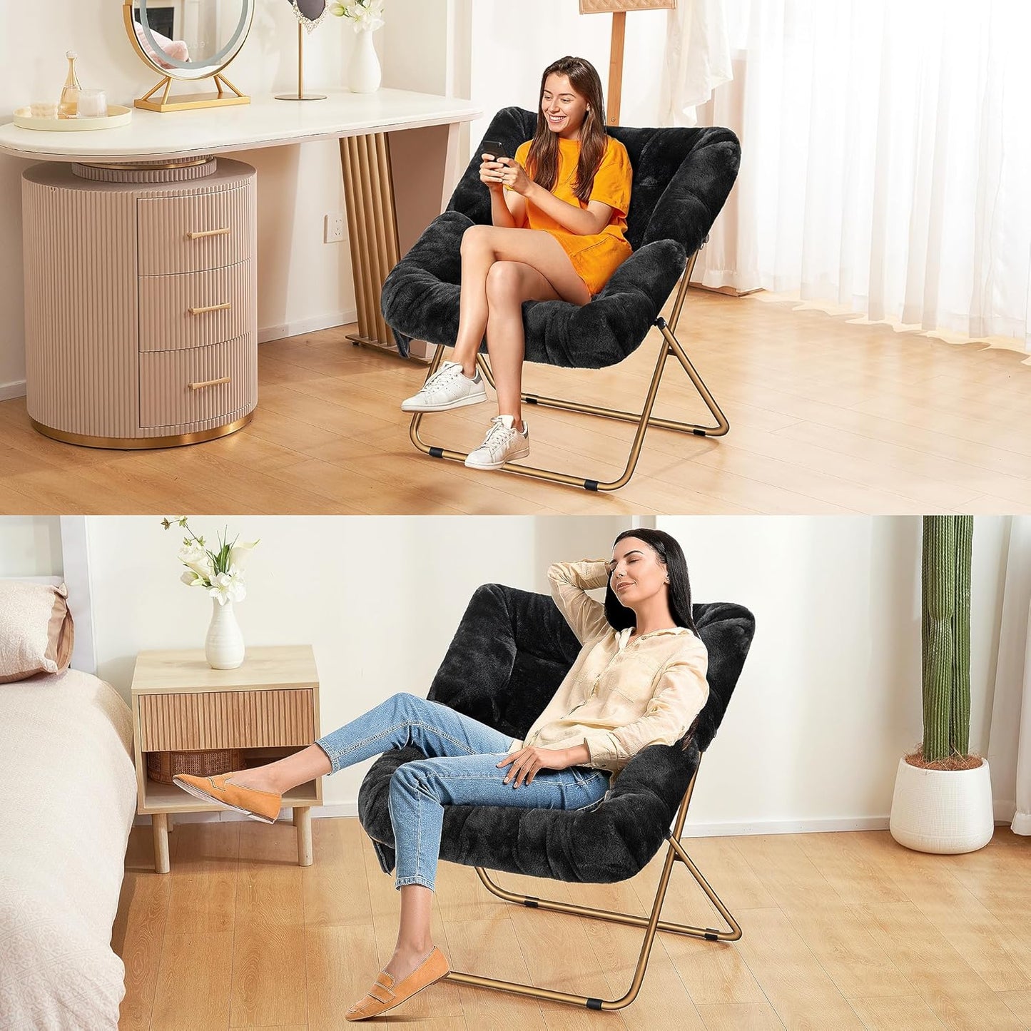 Comfy Saucer Chair for Adults, Foldable Living Room Chairs, Soft Faux Fur Lounge Chair for Bedroom, Reading Chairs, X-Large (Ottoman-Black)