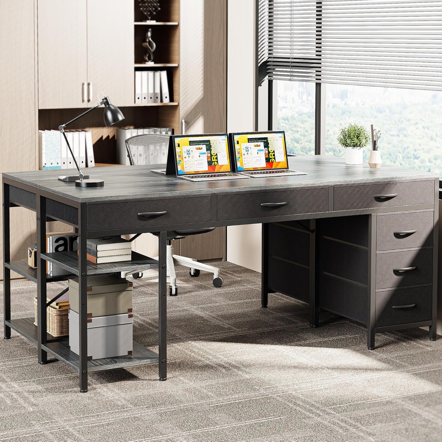 Huuger Computer Desk with 6 Drawers, 63 Inch Office Desk with Shelves, Reversible Gaming Desk, Corner Desk with Storage, for Home Office, Study, Living Room, Grey