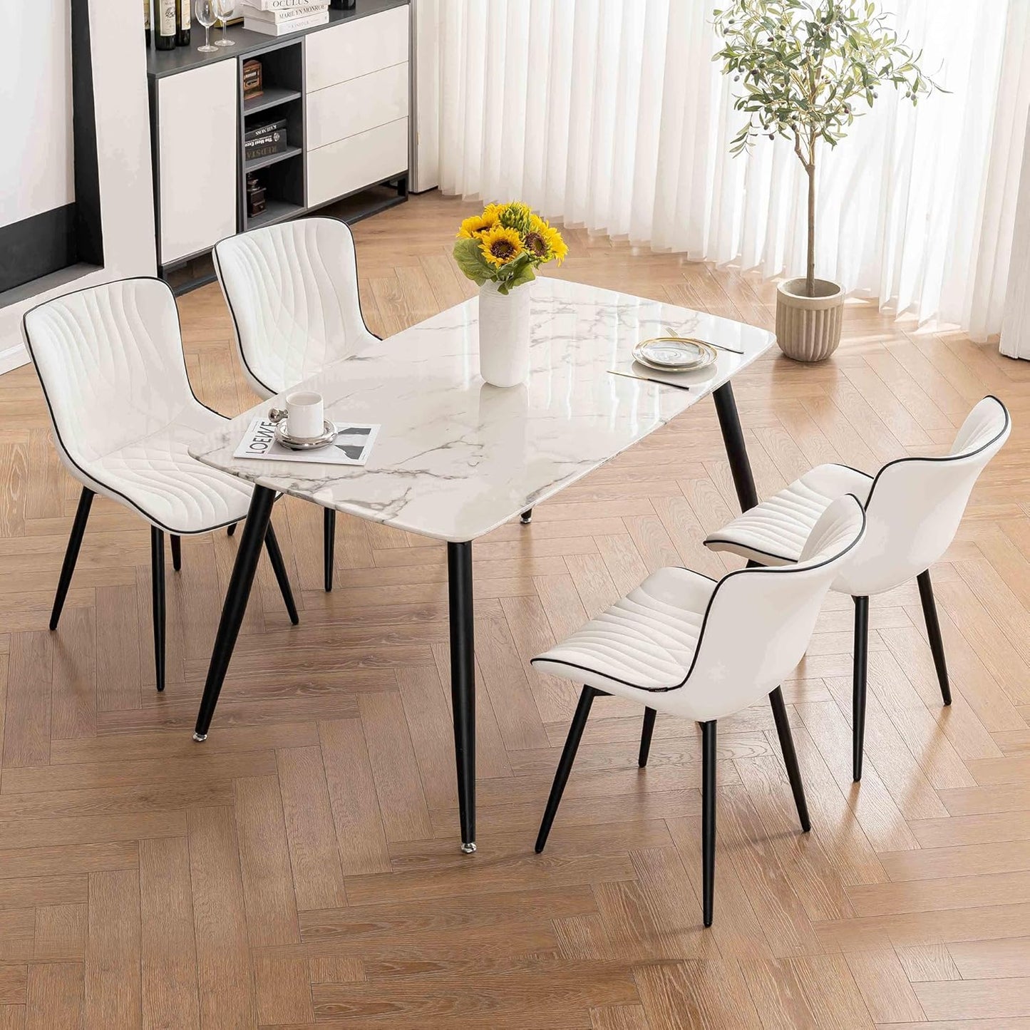 Kidol & Shellder White Dining Chairs Set of 2,Faux Leather Upholstered Mid Century Modern Kitchen&Dining Room Chair with Back,Ergonomic Armless Vanity&Living Room Chair with Metal Legs