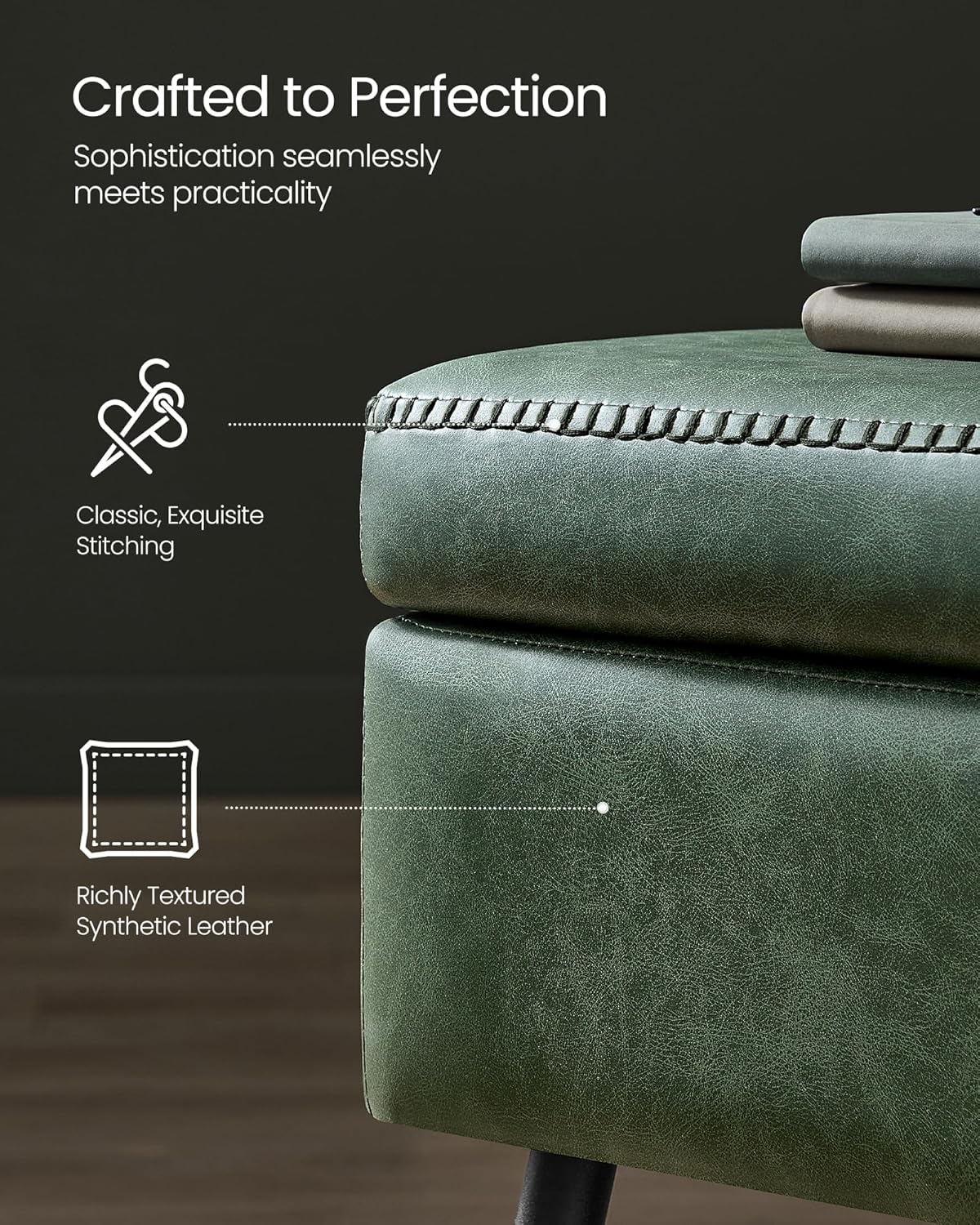 VASAGLE EKHO Collection - Storage Ottoman Bench, Entryway Bedroom Bench, 15 Gallons, Synthetic Leather with Stitching, Mid-Century Modern, Safety Hinges, Loads 660 lb, Forest Green ULOM074C01