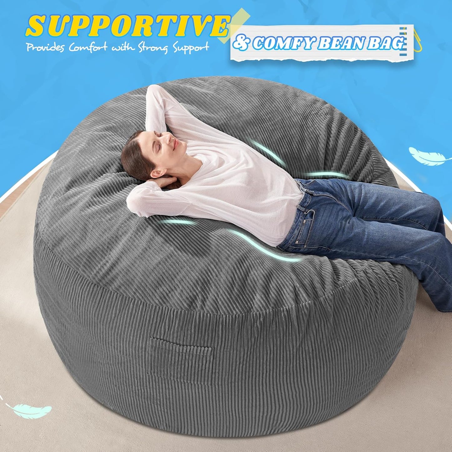 HABUTWAY 4FT Bean Bag Chair,Giant Bean Bag Chairs for Adults,Big Bean Bags with Memory Foam Filled, Large Beanbag Chairs with Soft Corduroy Cover-Grey