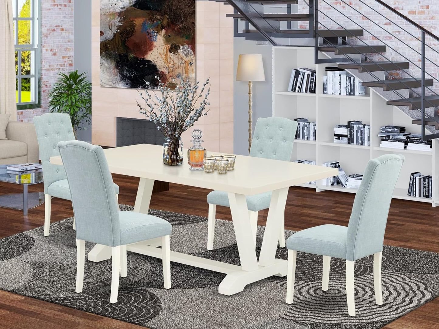 East West Furniture V027CE215-5 5 Piece Dining Room Furniture Set Includes a Rectangle Dining Table with V-Legs and 4 Baby Blue Linen Fabric Upholstered Chairs, 40x72 Inch, Multi-Color