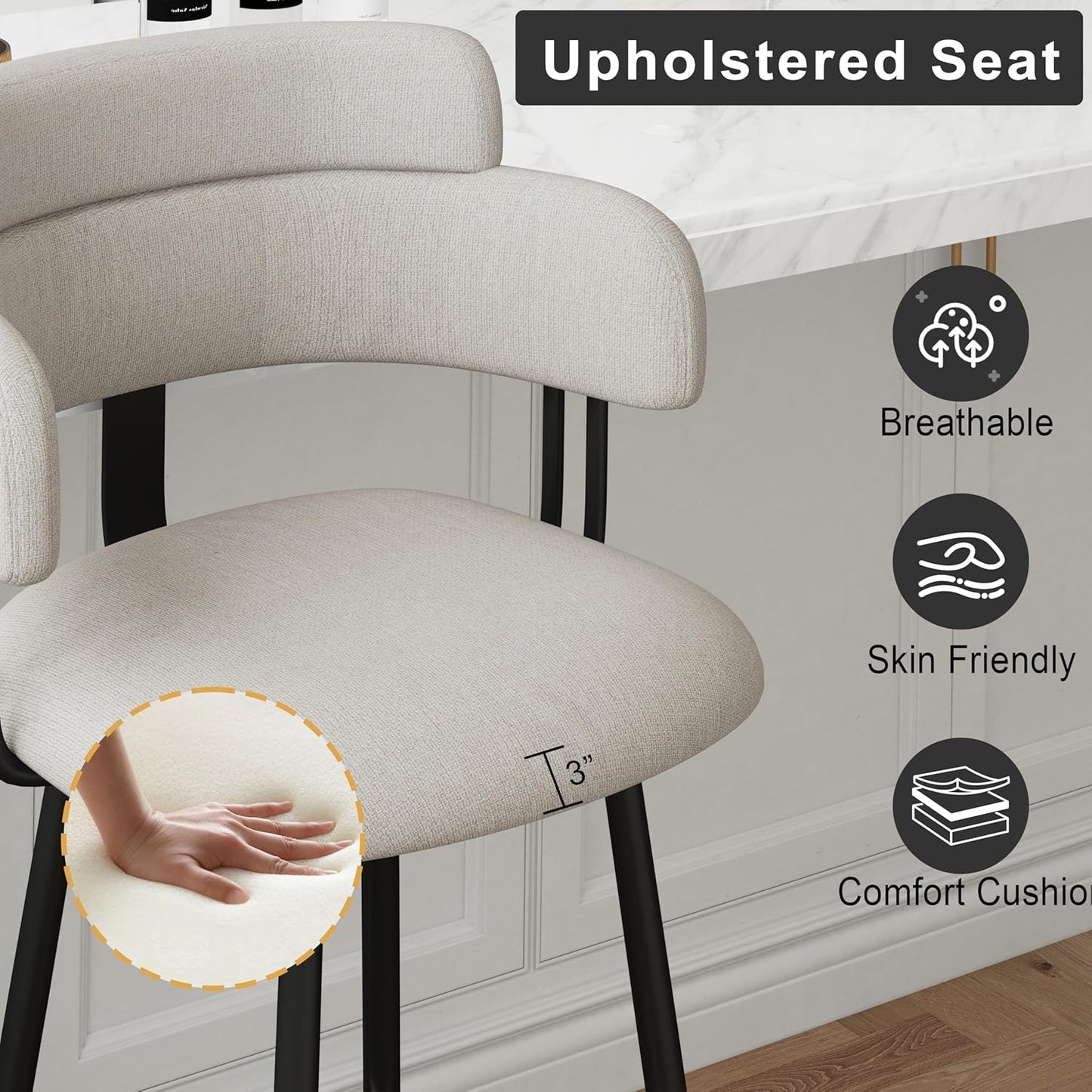 Swivel Bar Stools Set of 2, Counter Height Bar Stools with Ergonomic Full Back, Upholstered Linen Fabric Barstools with Chrome Metal Footrest for Kitchen Island, Dining Room