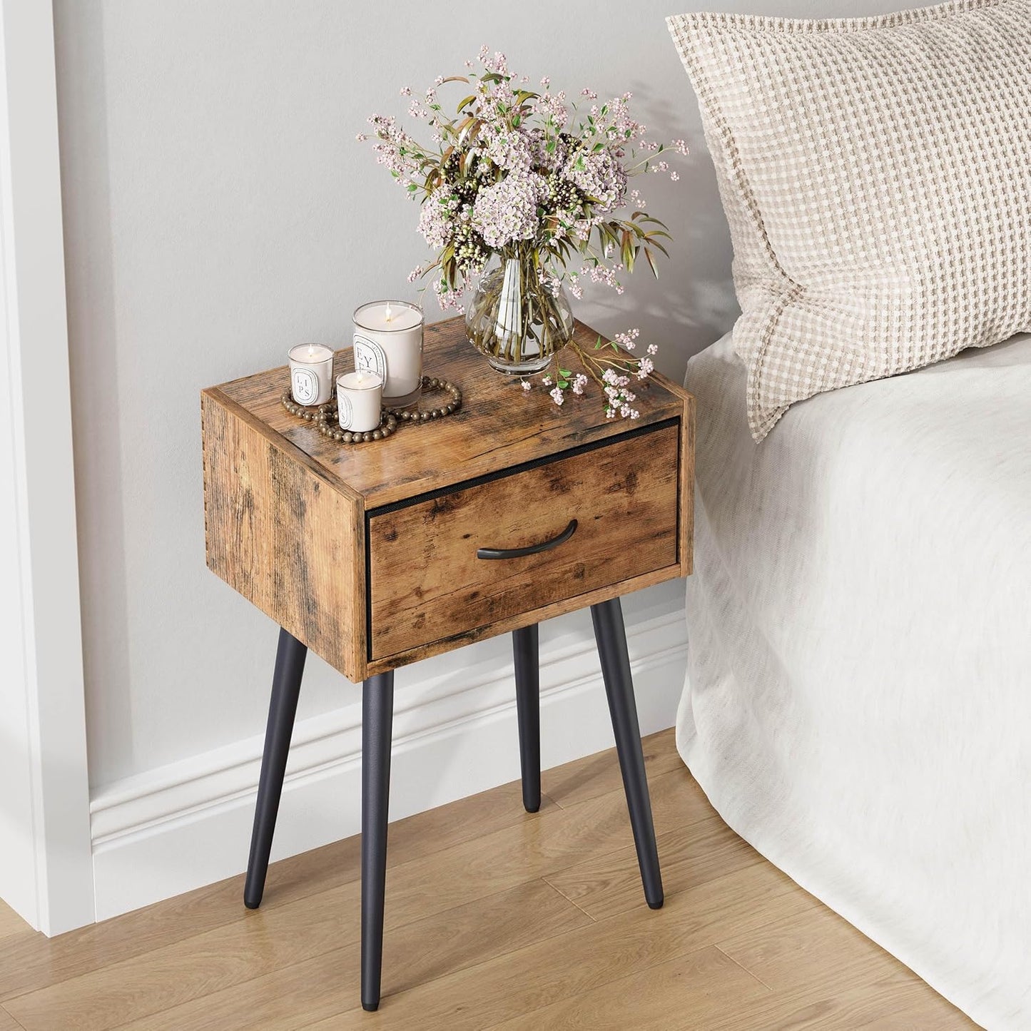 Small Nightstands Set of 2, Bedside Table with Fabric Drawer, Idustrial End Table with Metal Leg, Couch Side Table for Bedroom Living Room, Sofa, Office Rustic Brown LNT504R