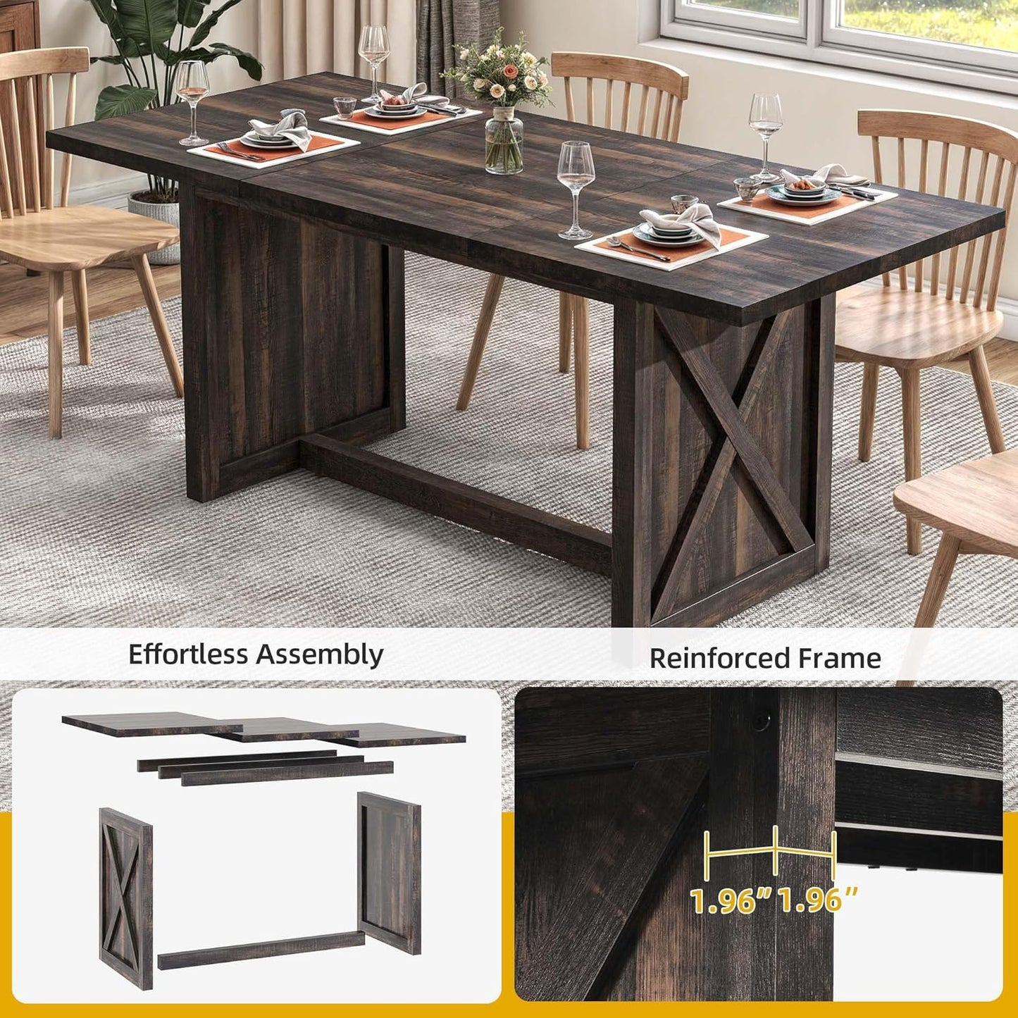 DWVO Farmhouse Large Dining Table for 6-8 People, 70.8 Inch Rectangular Wood Dining Table, Rustic Kitchen Dinner Table with X Solid Legs for Dining Room Grey