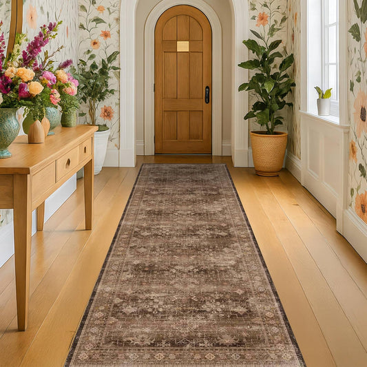 Brown Boho Washable 2x6 Runner Rugs for Hallway Kitchen Bedroom Beside Laundry Room Bathroom Rug, Pet & Kids Friendly, Non Slip Low Pile Stain Resistant Soft Faux Wool Long 24 x 72 Floor Carpet