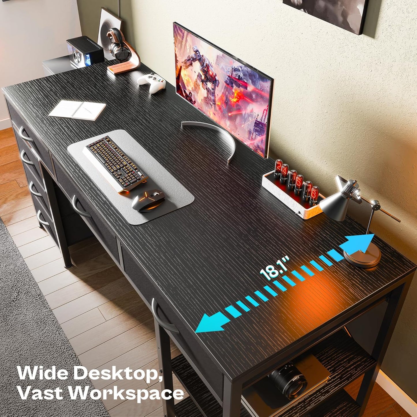 Huuger Computer Desk with 6 Drawers, 54 Inch Office Desk with Shelves, Reversible Gaming Desk, Corner Desk with Storage, Work for Home Office, Study, Living Room, Black