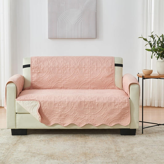 Great Bay Home Reversible Loveseat Cover - Washable Slipcover Furniture Protector with Elastic Straps - Couch Cover for Dogs, Kids, and Pets - Quilted & Stitched Detail (Loveseat, Dusty Rose/Taupe)