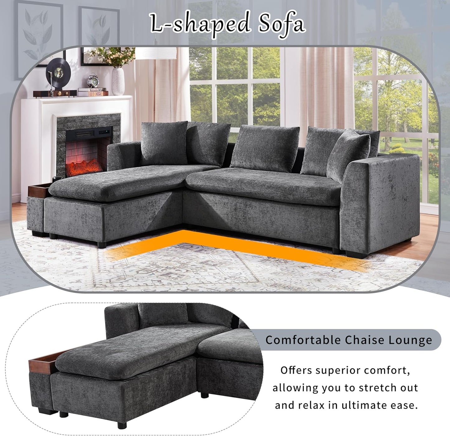 Merax 93.7" L-Shaped Sectional Sofa with Wooden Storage Compartment, Chenille Upholstered Deep Seating Sleeper Couch & Chaise Lounge and Throw Pillows for Living Room, Gray