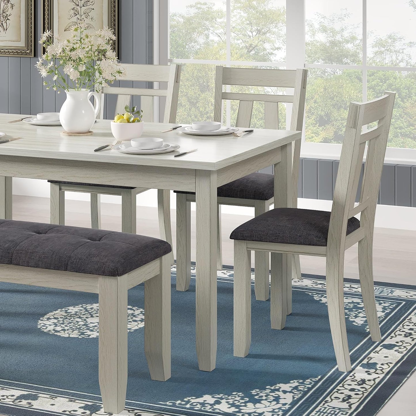 6-Piece Solid Wood Dining Table Set for 6, Modern Breakfast Dinette Kitchen Table with Bench & Chairs for Dining Room, Kitchen, Grey