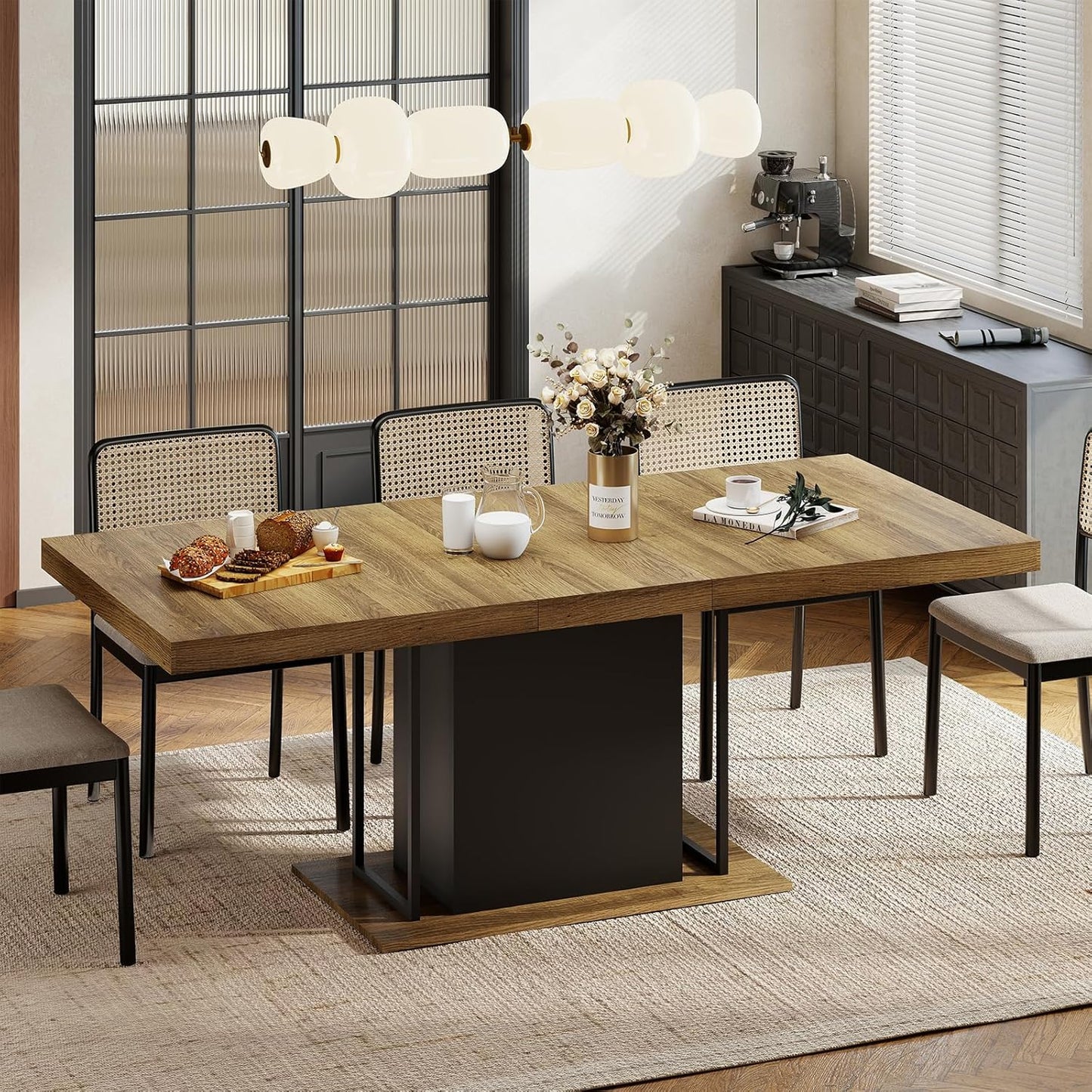 63"-78.7" Expandable Dining Tables, 6-10 Farmhouse Kitchen Table, Extendable Dining Room Table, Rectangular Thick Top with Metal Track, Central Column Base for Living Room, Office-Brown