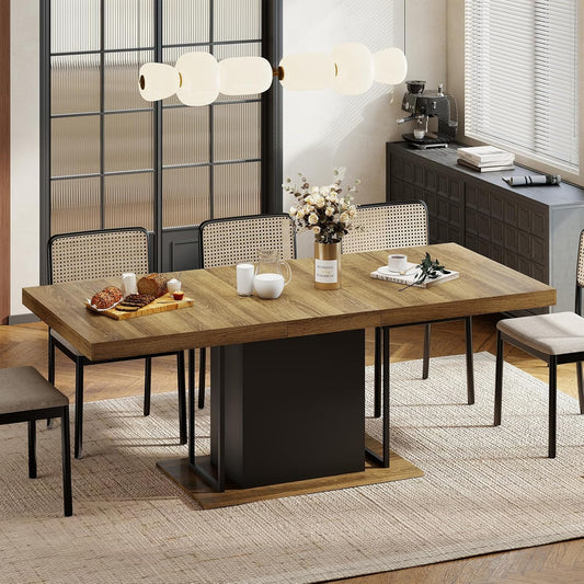 63"-78.7" Expandable Dining Tables, 6-10 Farmhouse Kitchen Table, Extendable Dining Room Table, Rectangular Thick Top with Metal Track, Central Column Base for Living Room, Office-Brown