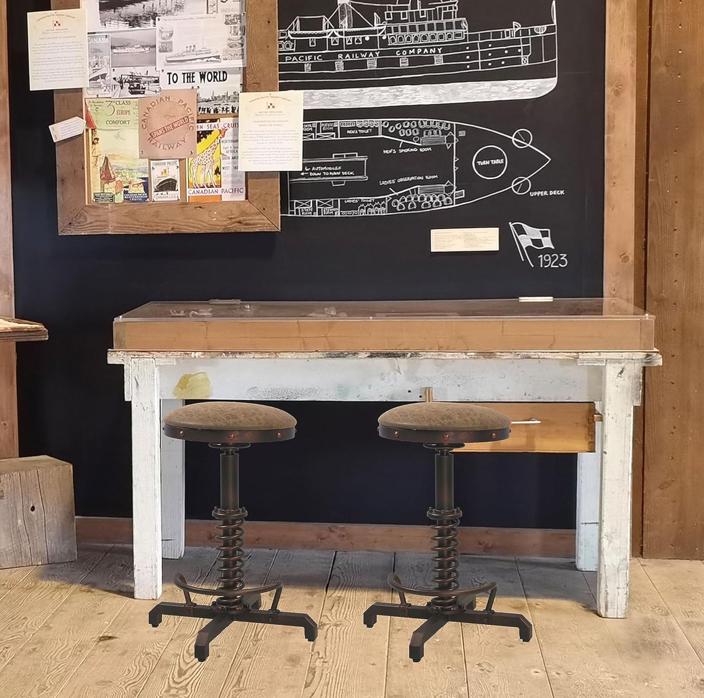 Topower Industrial Retro Vintage Farm PU Seat Tractor Stool Kitchen Swivel Height Adjustable bar Stool Copper