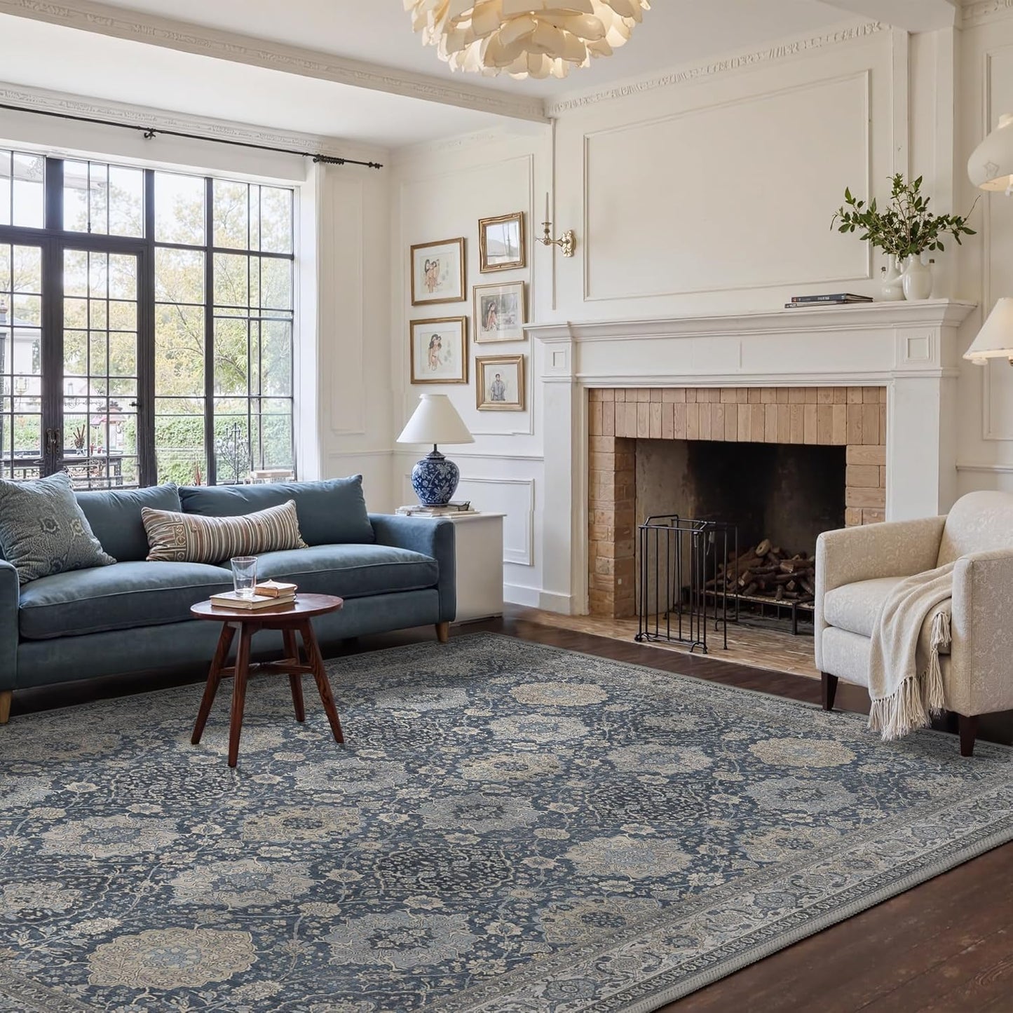 8X10 Area Rugs Machine Washable Rugs for Living Room, Vintage Boho Large Rugs for Bedroom Dining Room, Non Slip Indoor Soft Distressed Lightweight Thin Low Pile Carpet, Slate Blue