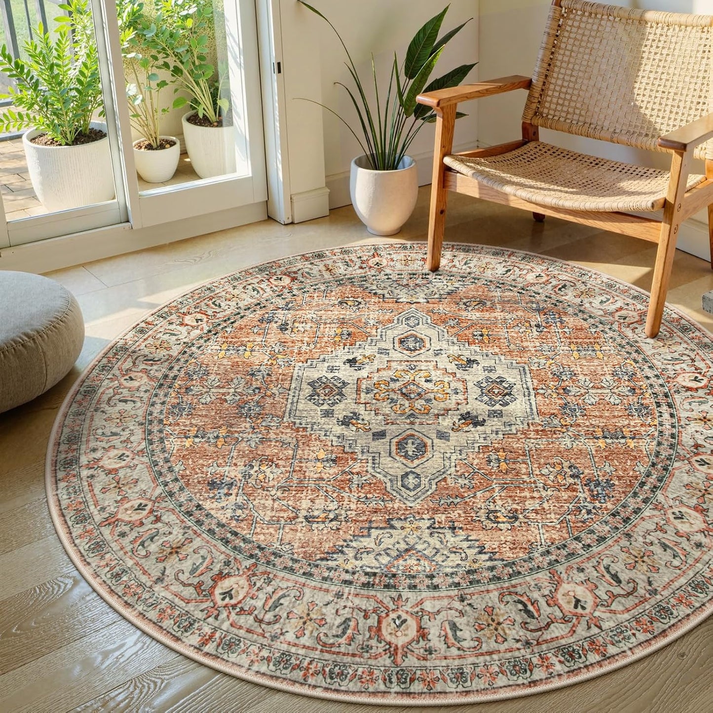 Lahome Oriental Washable Round Area Rug, Non-Slip Round Rugs 6ft Ultra-Thin, Soft Large Throw Circle Carpet for Living Room Bedroom Kitchen Nursery, Peach/Orange