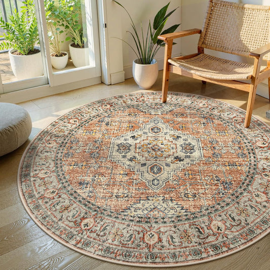 Lahome Oriental Washable Round Area Rug, Non-Slip Round Rugs 6ft Ultra-Thin, Soft Large Throw Circle Carpet for Living Room Bedroom Kitchen Nursery, Peach/Orange